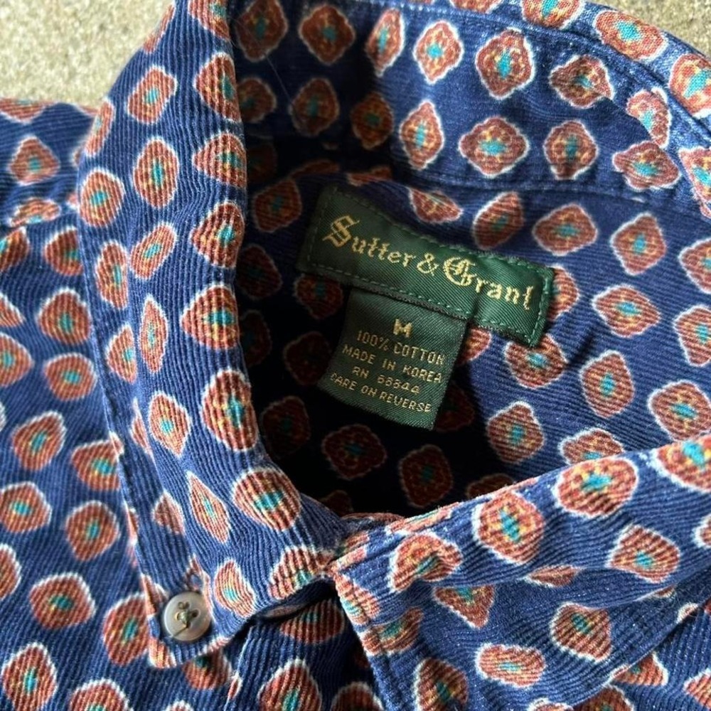 Vintage blue and brown patterned design corduroy long sleeve button down shirt - Picture 4 of 6